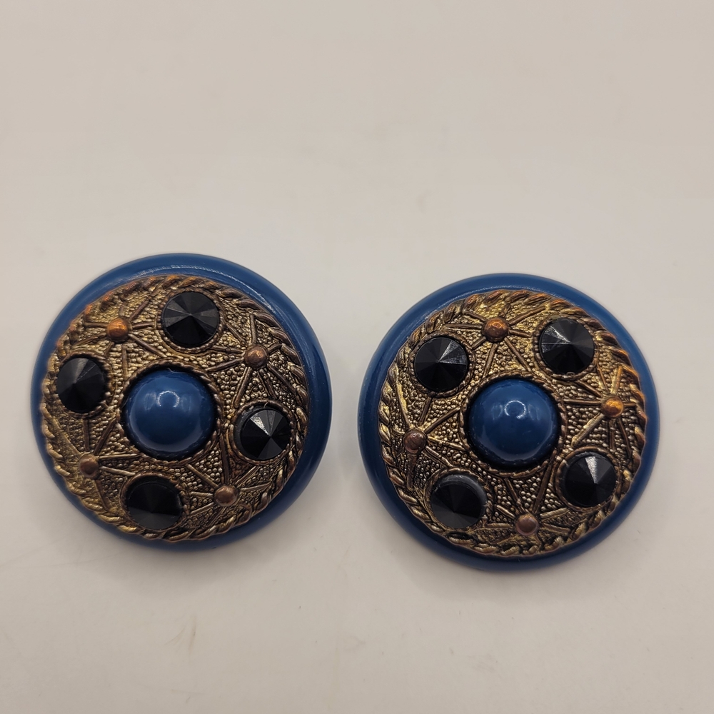 Vintage Blue and Gold Button Earrings